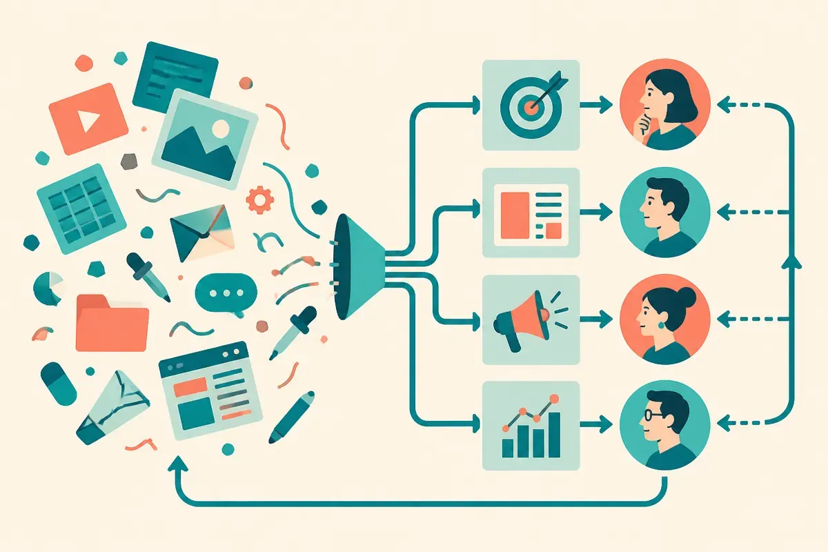 a messy pile of disconnected tools flowing into a structured marketing workflow with human review points and feedback lo