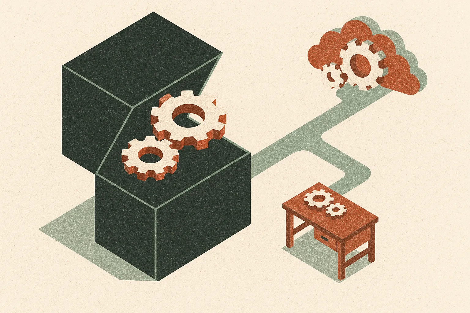 a sealed black cube opening into visible gears, with one path leading to a workbench and another fading into cloud machi