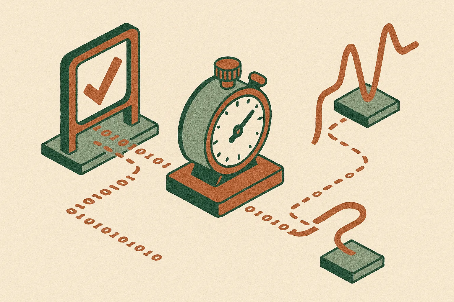 two streams of code passing through a correctness gate and a noisy timing device before merging into a single training s