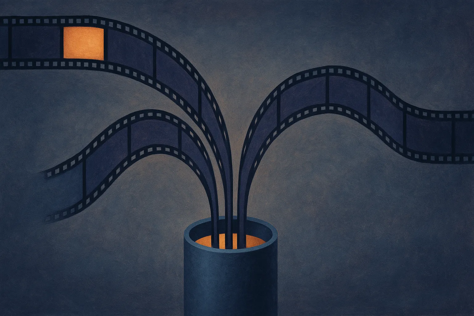 one long strip of film splitting into three separate streams flowing into a single container