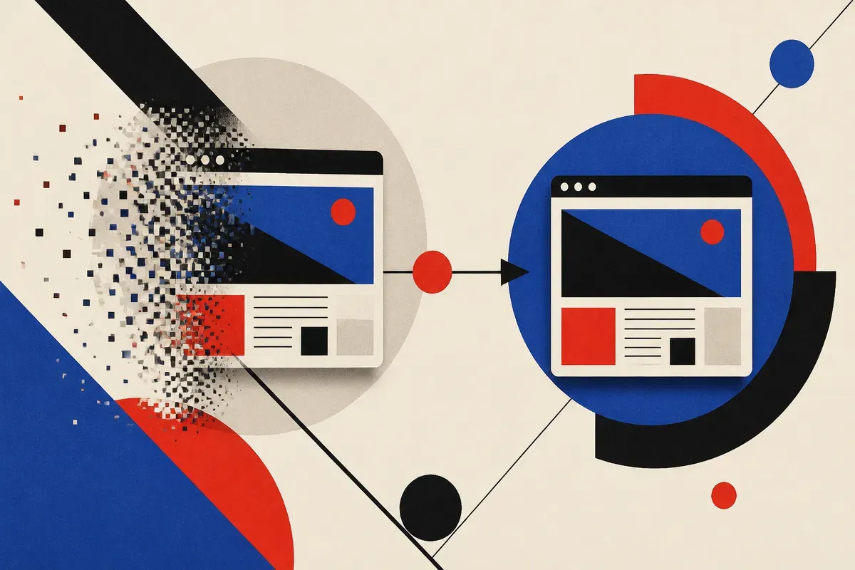 a live web page dissolving while a preserved snapshot of the same page stays intact beside it