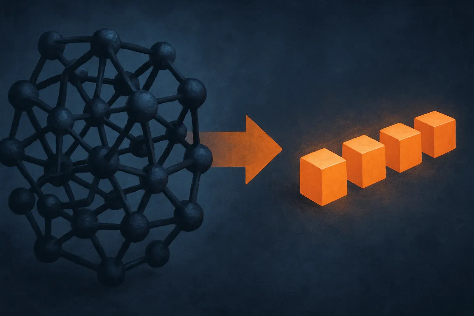 a tangled three-dimensional molecular lattice on the left resolving into a neat row of discrete, glowing building blocks