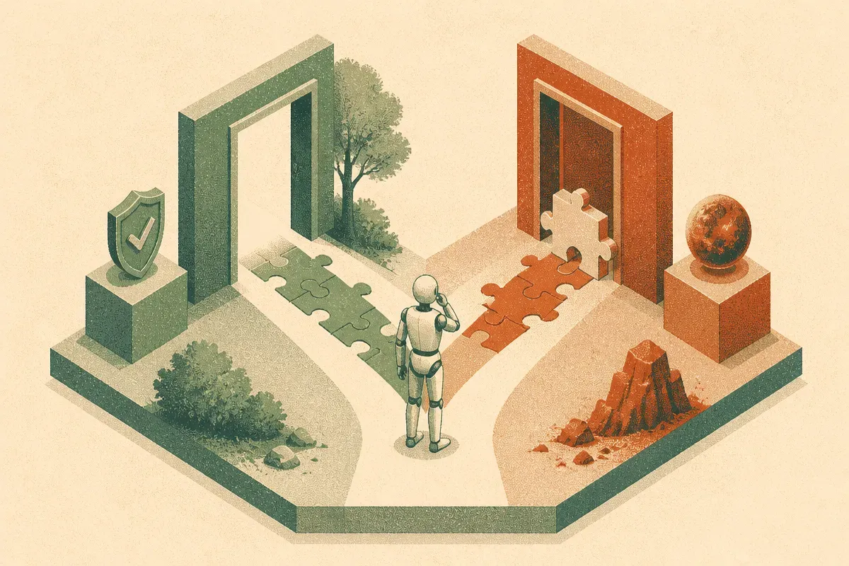 an agent standing between two doors, one path fed by complete evidence and one path with a missing puzzle piece blocking