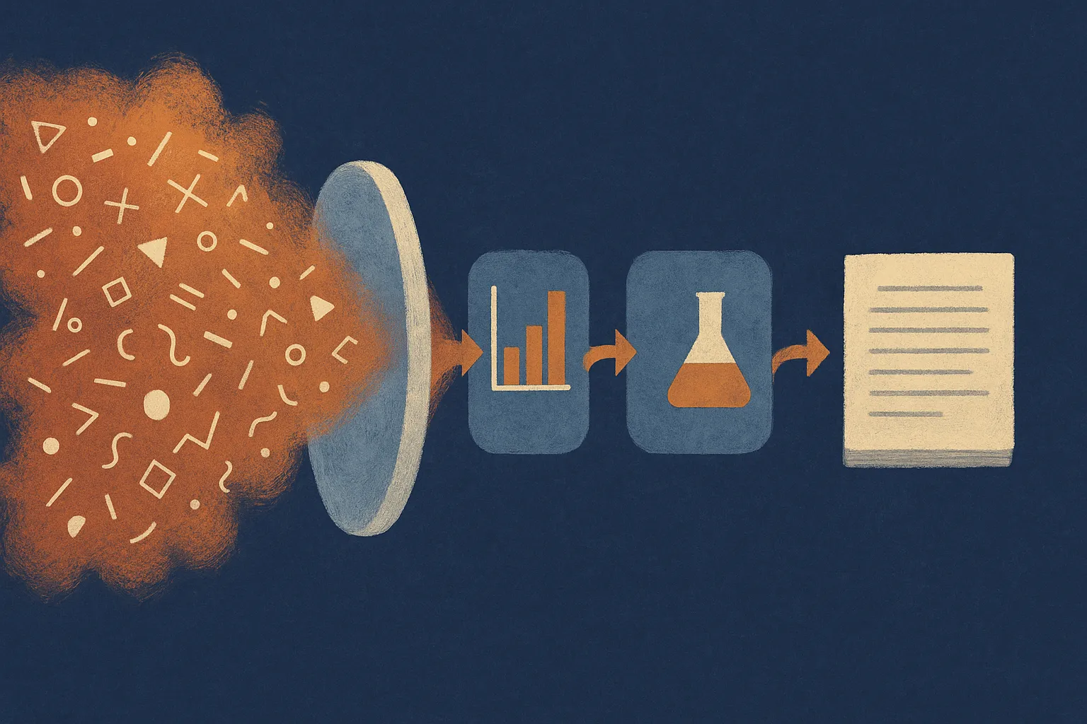 raw messy evidence flowing through a perception layer into three connected research stages ending in a manuscript