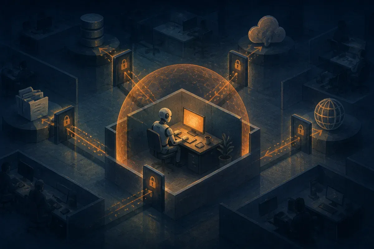 an agent seated at a small isolated workstation inside a larger office, with guarded pathways to tools, files, and exter