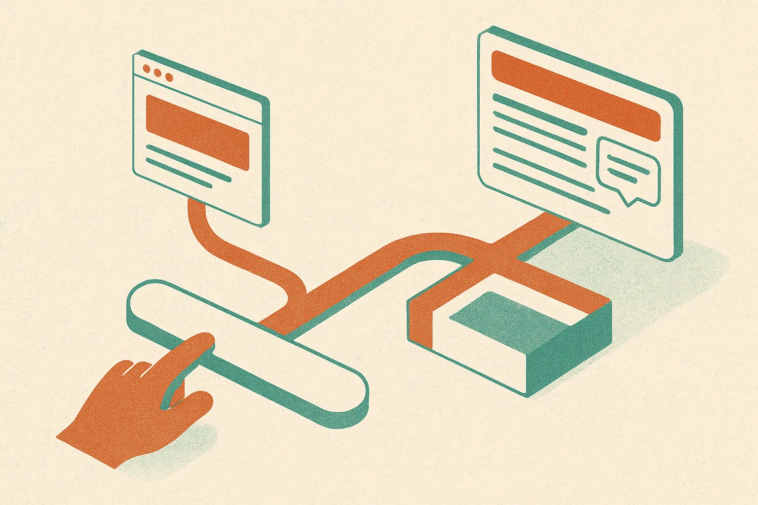 two paths from a user request, one branching into external pages and one forming an interactive panel inside the search