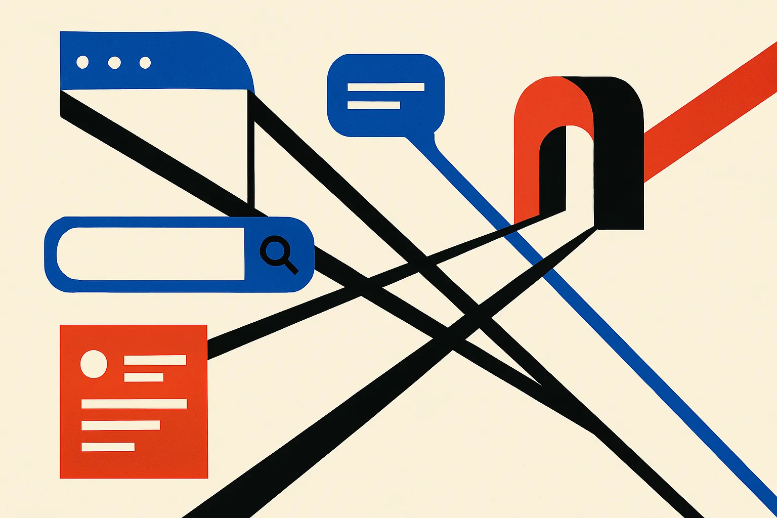 scattered paths from browsers, search boxes, social feeds, and chat bubbles converging into one simple doorway