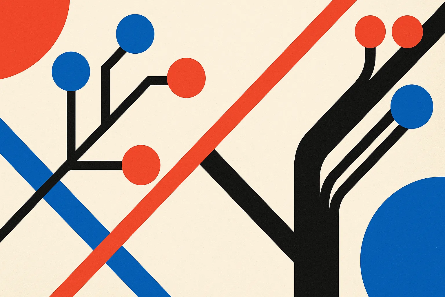 a physical branching path with many possible endings on one side, contrasted with generated paths repeatedly clustering 