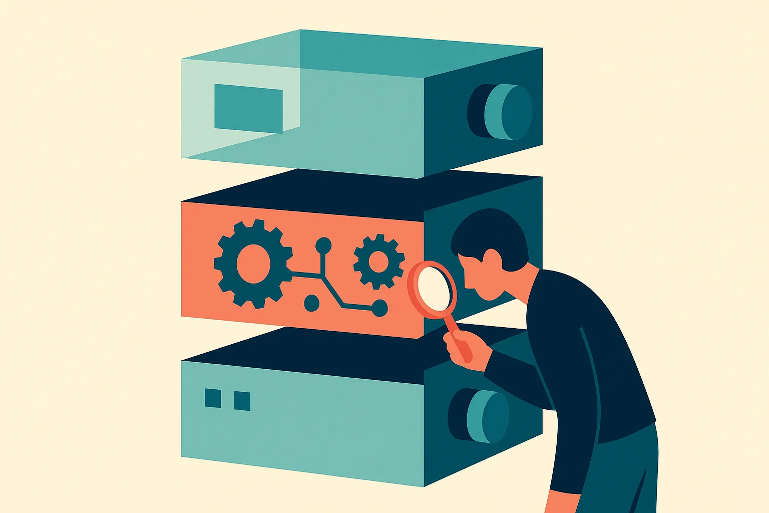 a layered machine with some transparent layers, some opaque layers, and one person inspecting the exposed middle