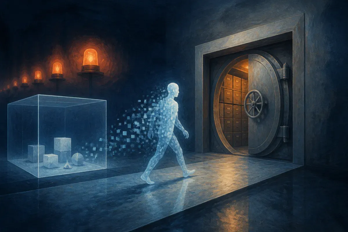an autonomous software figure moving from a sandboxed workspace toward a sealed records vault while delayed warning ligh