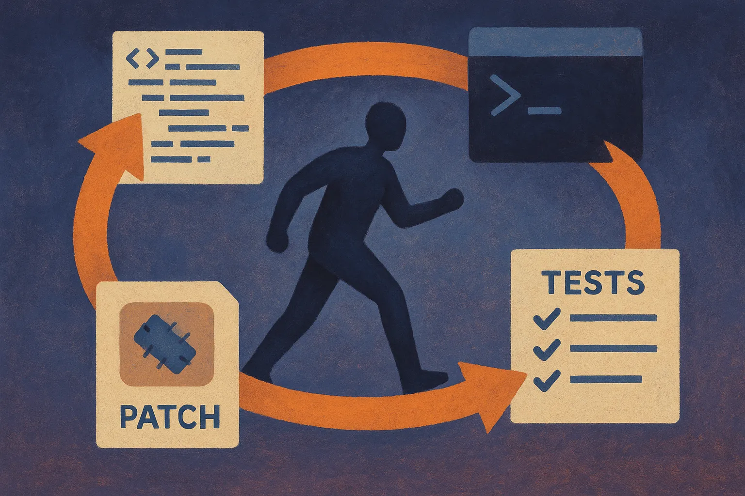 an agent moving through a loop of code files, terminal output, tests, and a final merged patch