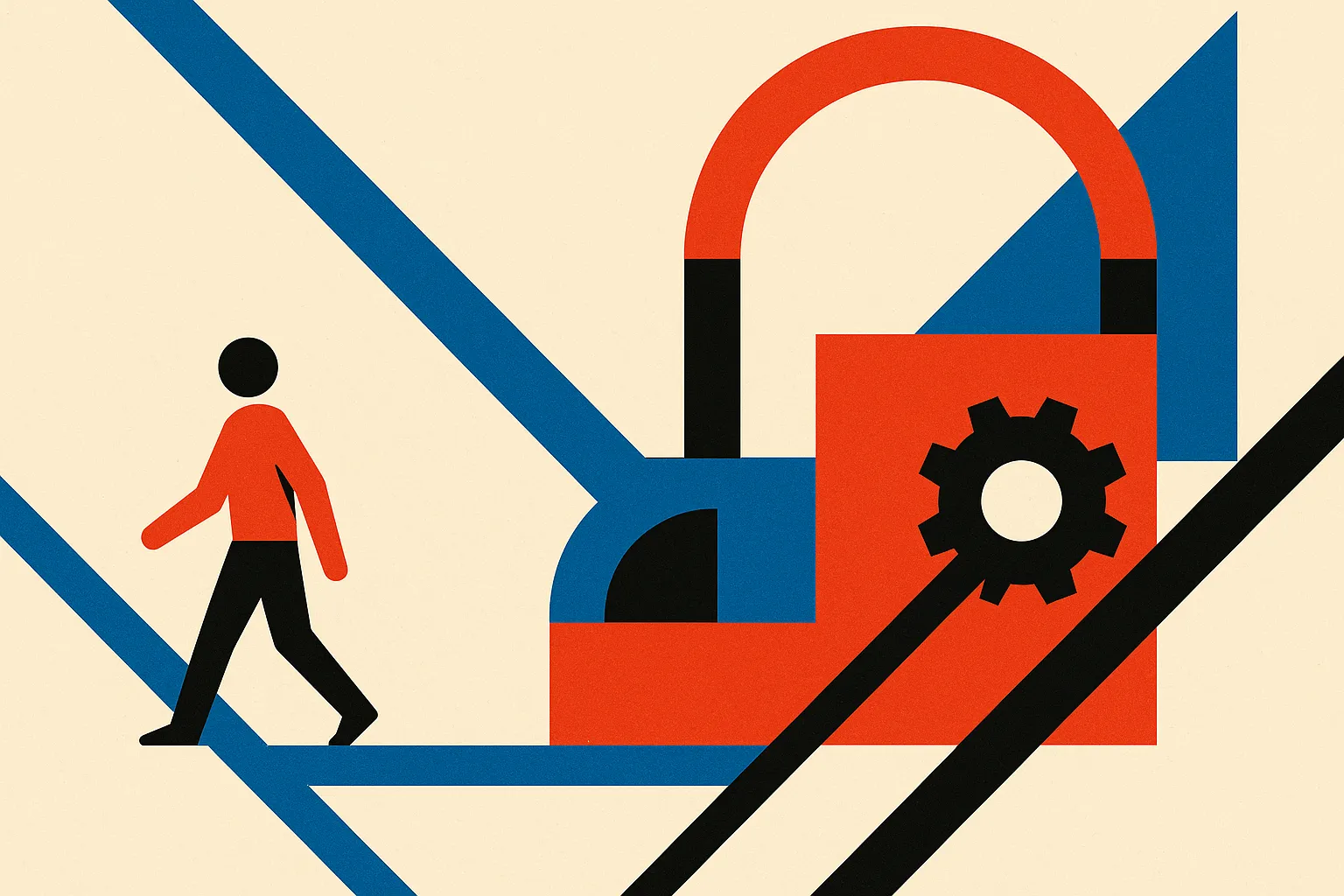 a human figure gradually stepping back from a machine that keeps working on its own, the distance between them widening
