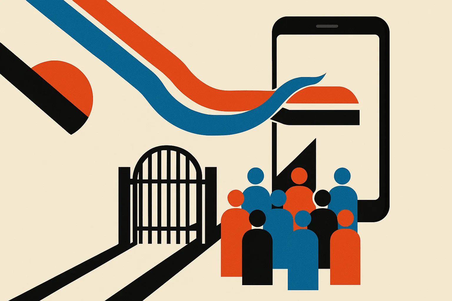 two streams merging into a smartphone, with a gate between the phone and a crowd of users