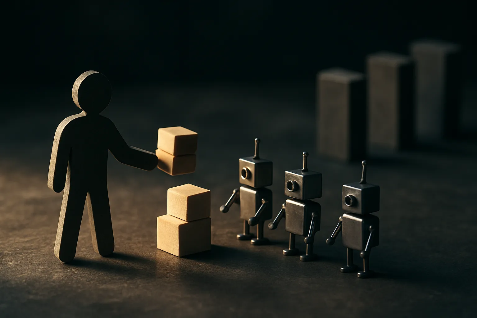 one worker handing several small task blocks to a cluster of simple machine helpers, while a distant engineering queue r