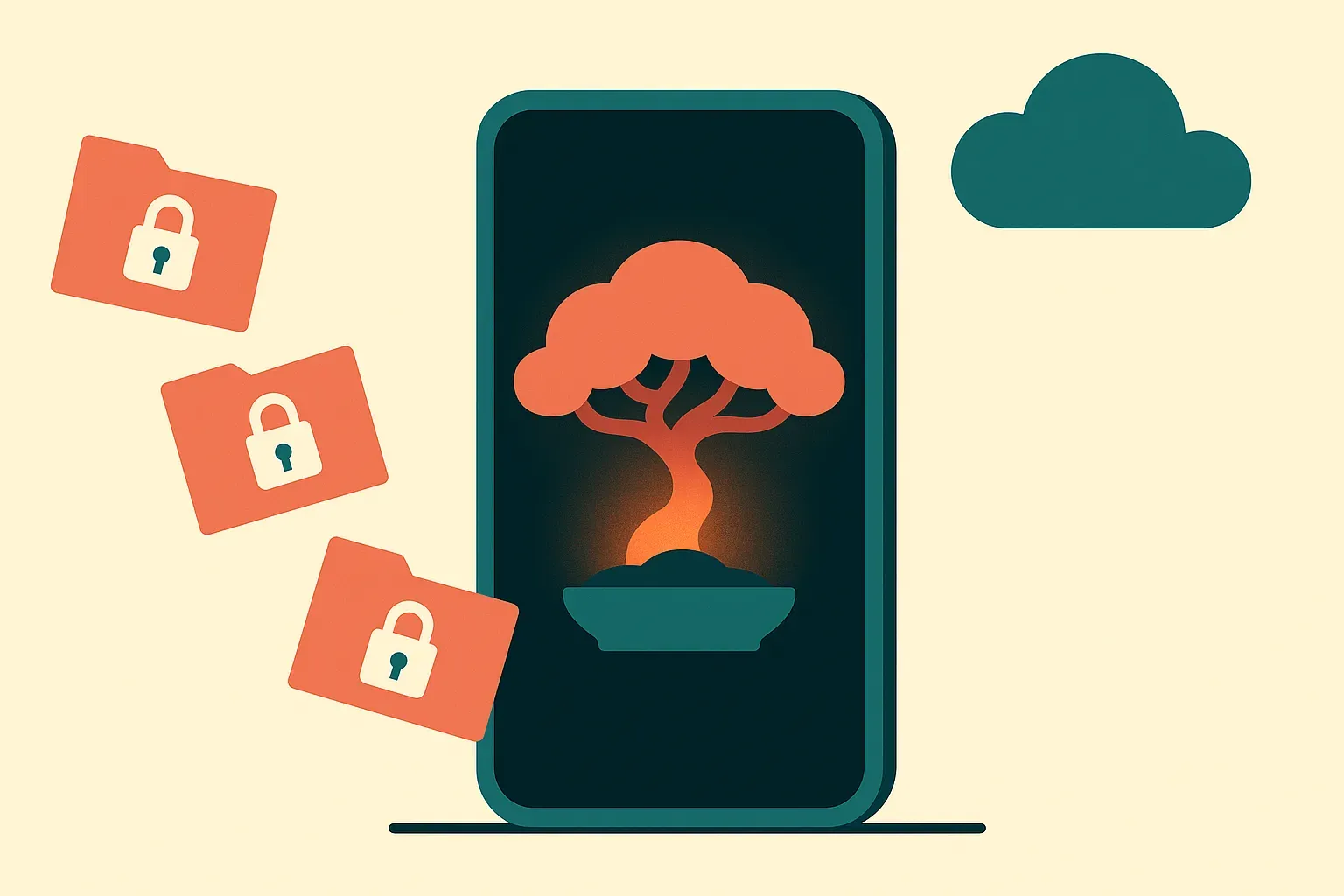 smartphone in the center running a small glowing bonsai tree, with nearby private files flowing into it and a distant cl