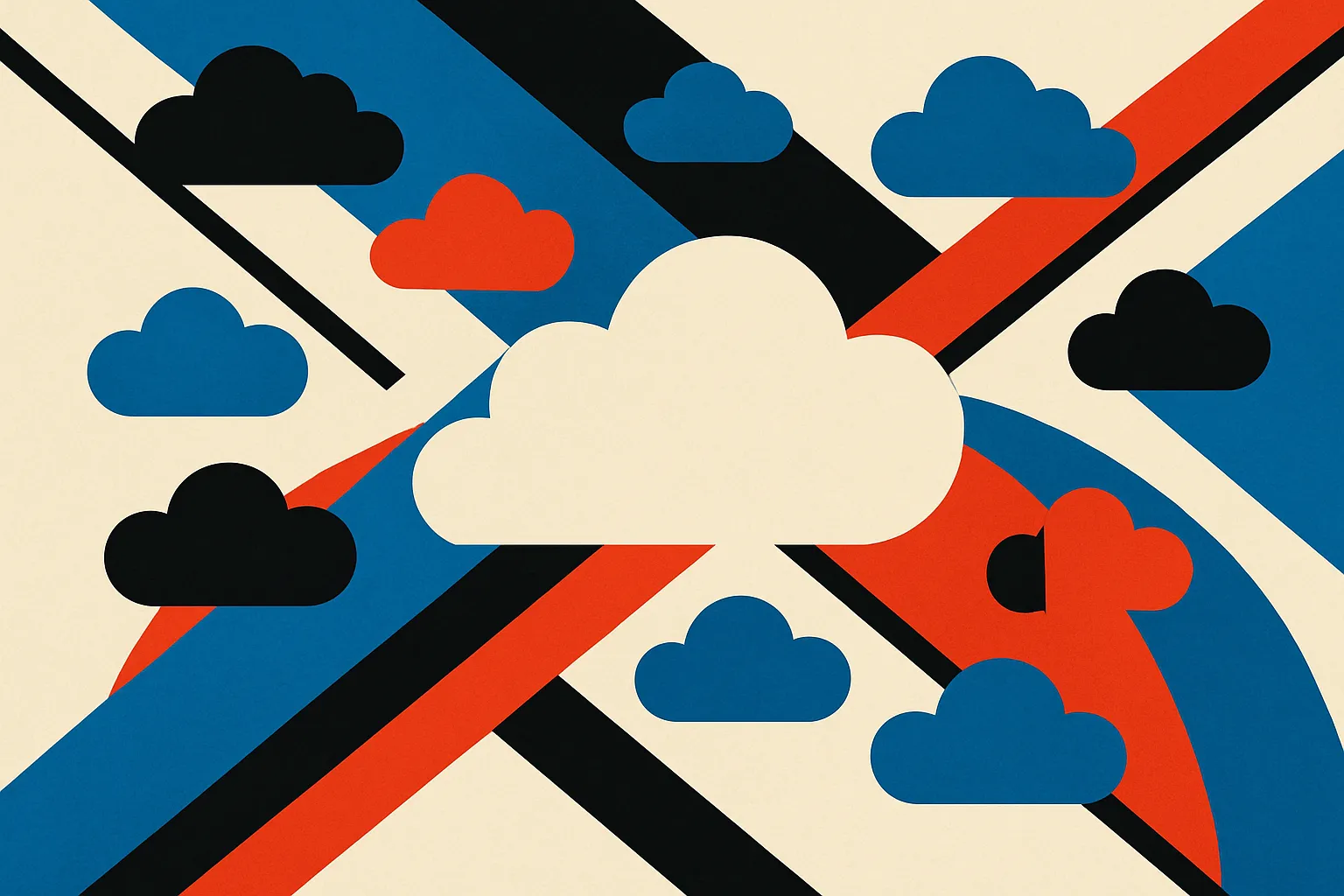 many small distinct clouds of different shapes slowly drifting inward toward one shared central cloud