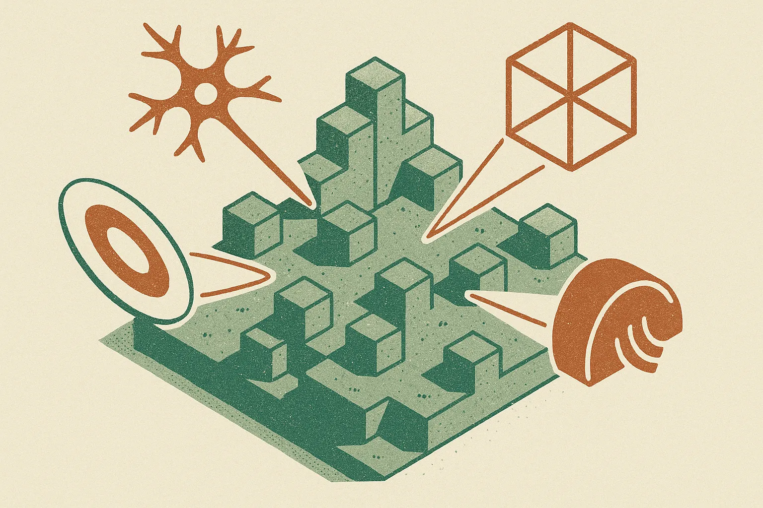 an ordinary blocky game world being reshaped by four strange new objects entering from different directions