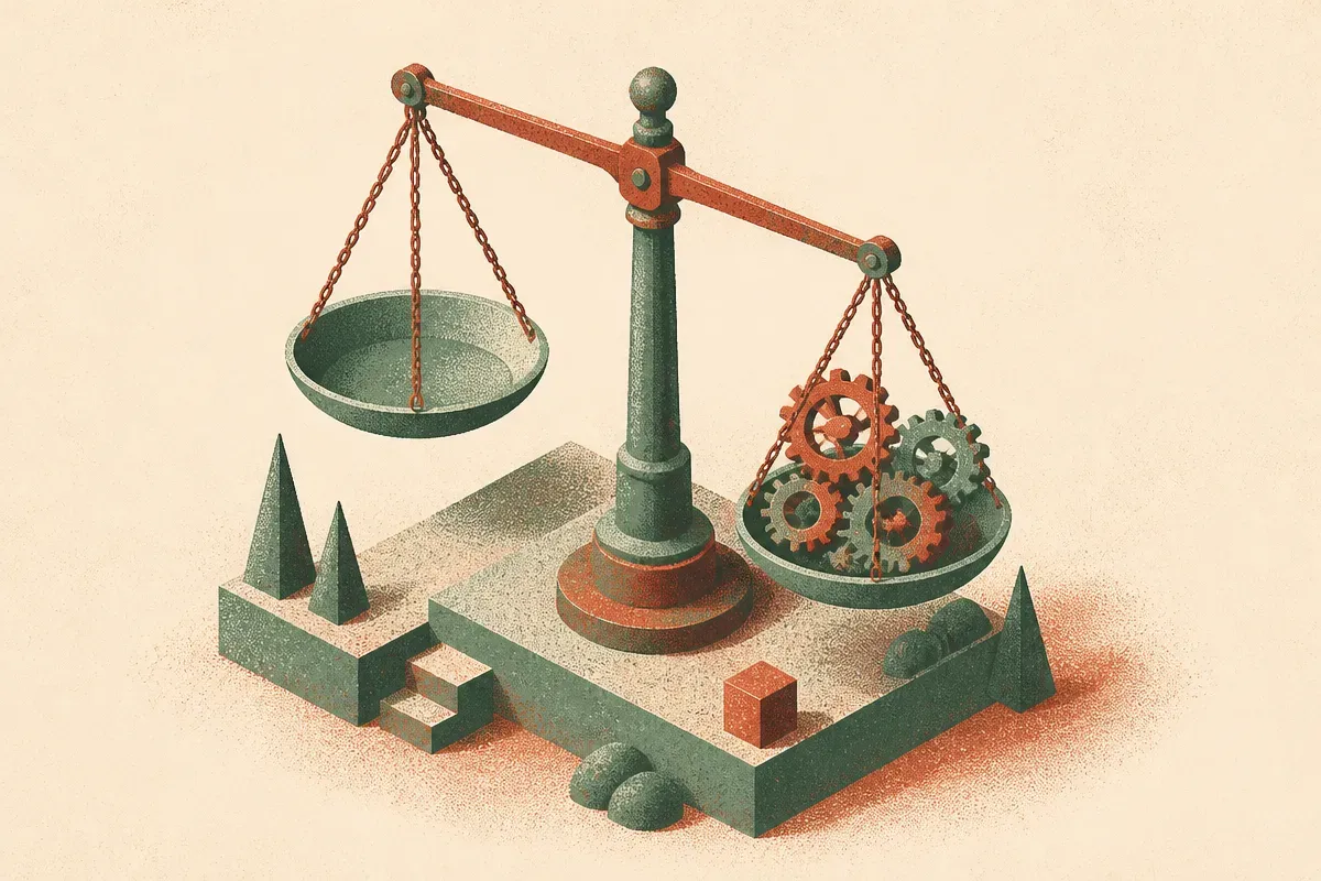 a scale with one empty pan and one pan holding interconnected gears, suggesting judgment without a fixed weight to measu