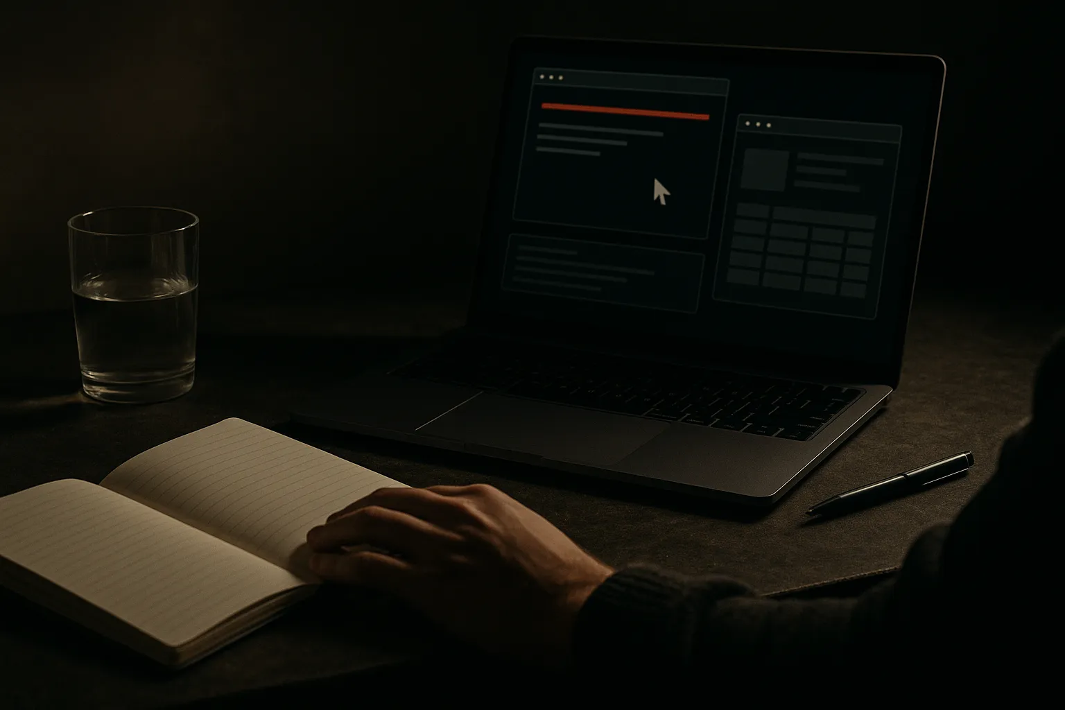 a person working at one desk while a small separate cursor moves through browser windows and desktop app panels in the b
