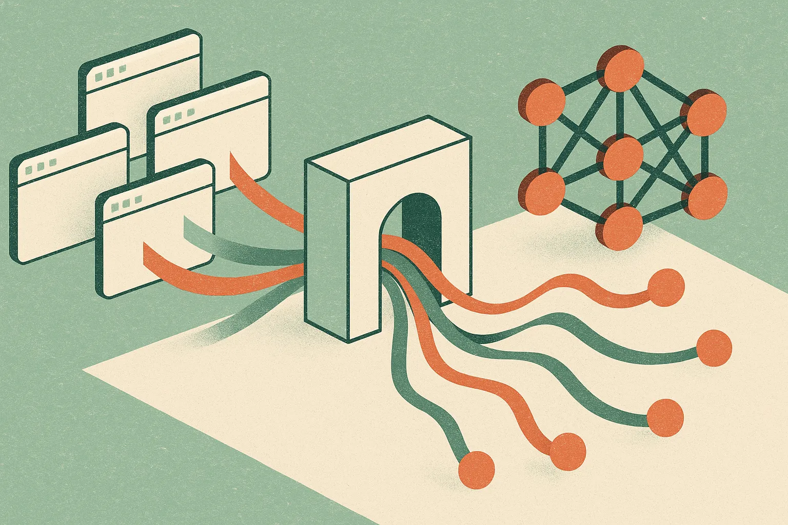 multiple app requests carrying colored ribbons through a central gateway into several model nodes