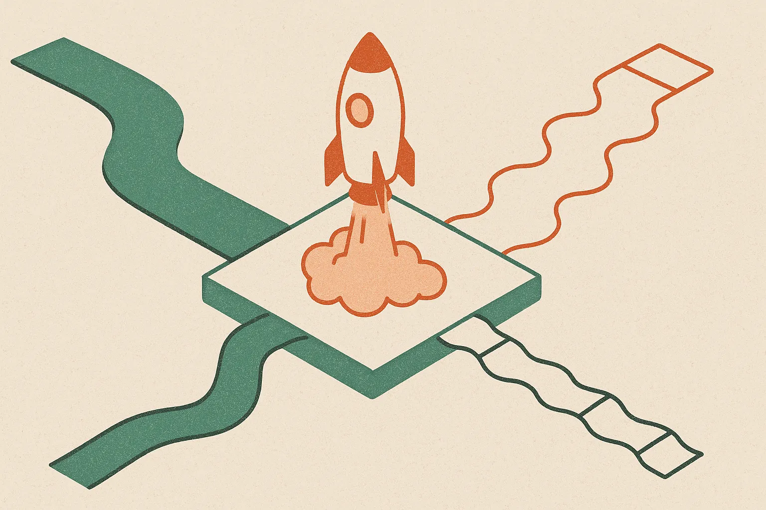 three different domain paths converging toward one product launch, with one path short and polished, one path descriptiv