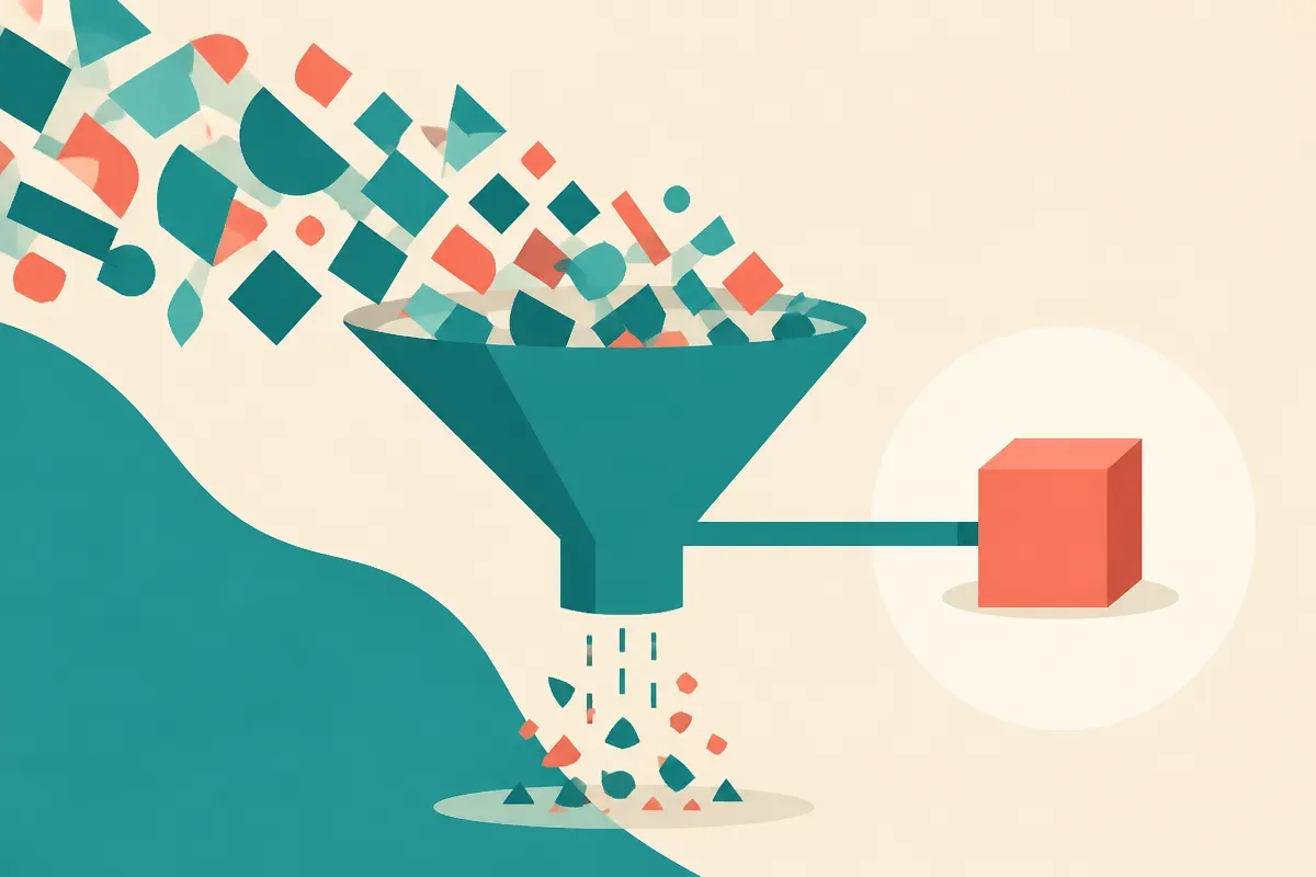 a funnel that compresses many raw items into a single fixed shape before any question arrives, with discarded fragments