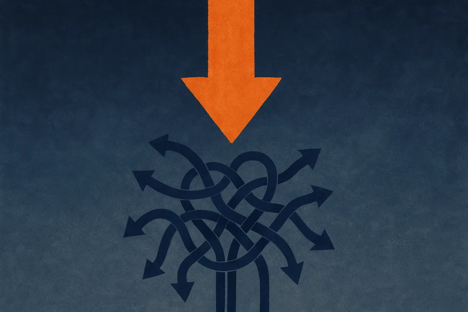a bold confident headline arrow pointing down into a tangled knot of smaller arrows going many directions