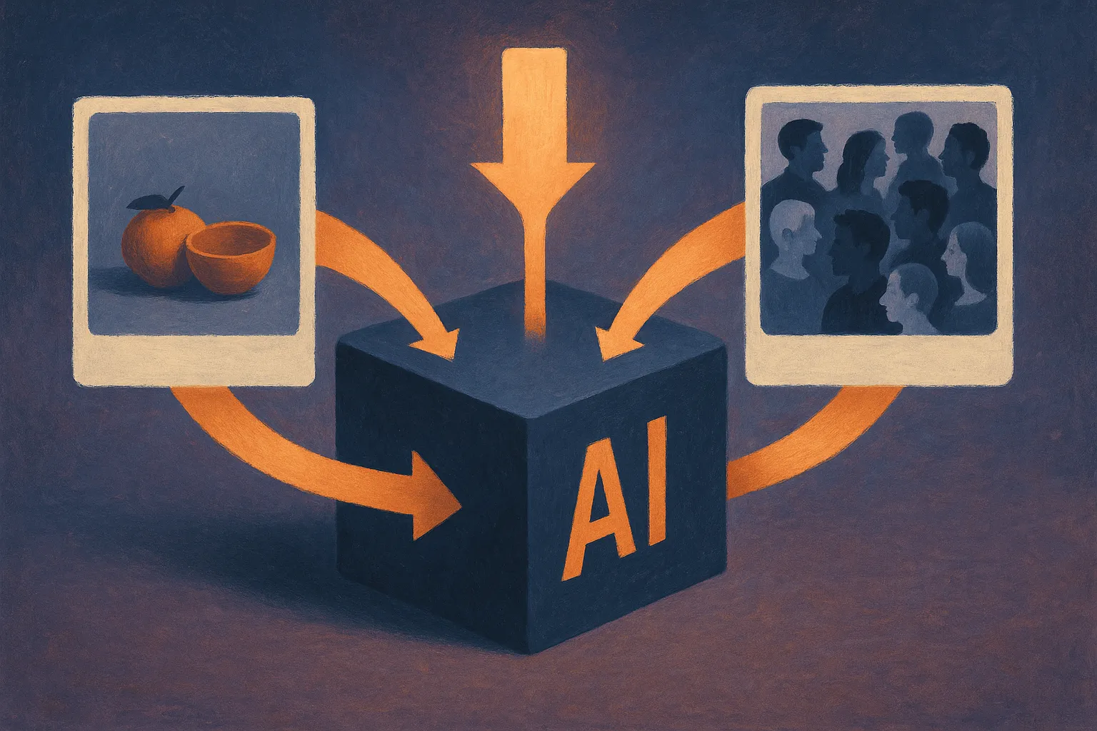 two visual streams entering a model, one simple object scene and one crowded social scene, both producing similarly clea