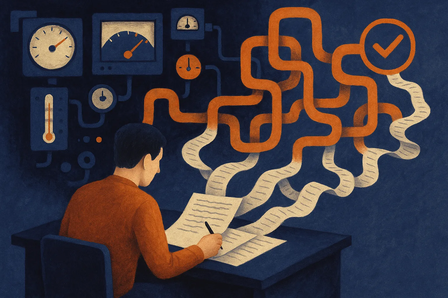 a human writer at a desk surrounded by mismatched machine gauges, with papers flowing into a tangled approval maze