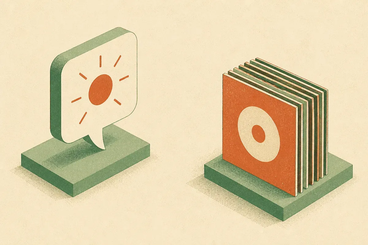 a confident speech bubble on one side, an unchanged stack of records on the other, a gap between them