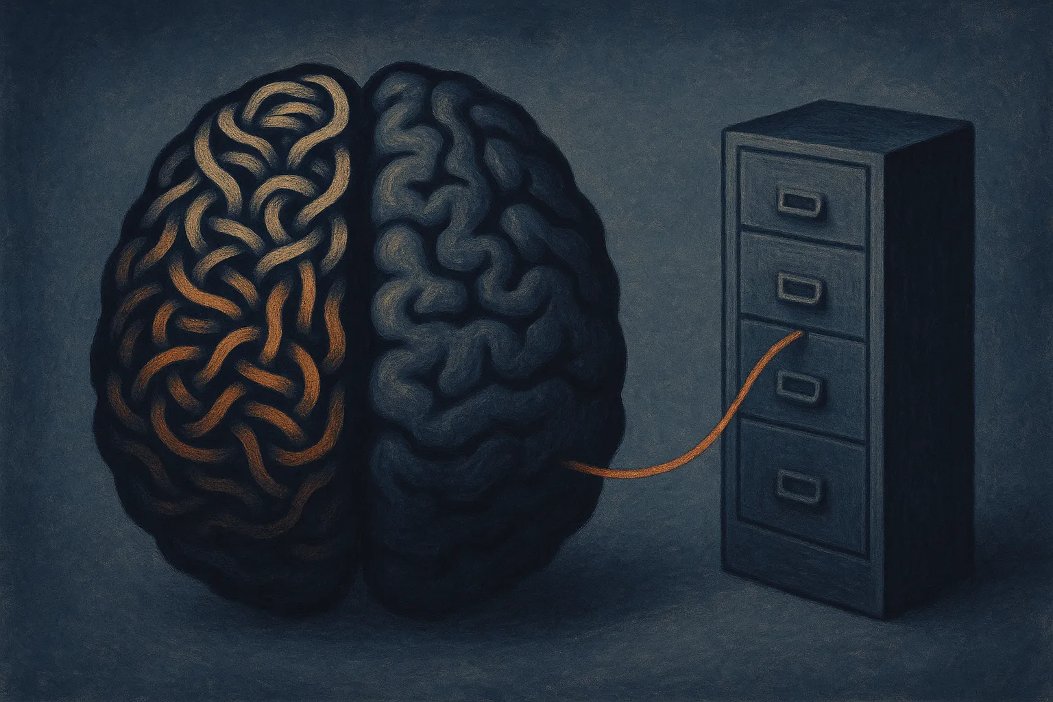 a brain split into two halves, one half made of flowing woven language patterns, the other half connected by a thin thre