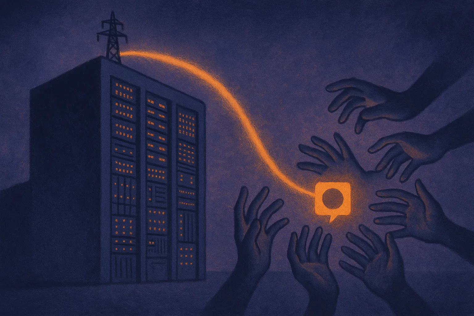 a large national supercomputer facility feeding energy into a small shared open object that many hands reach toward