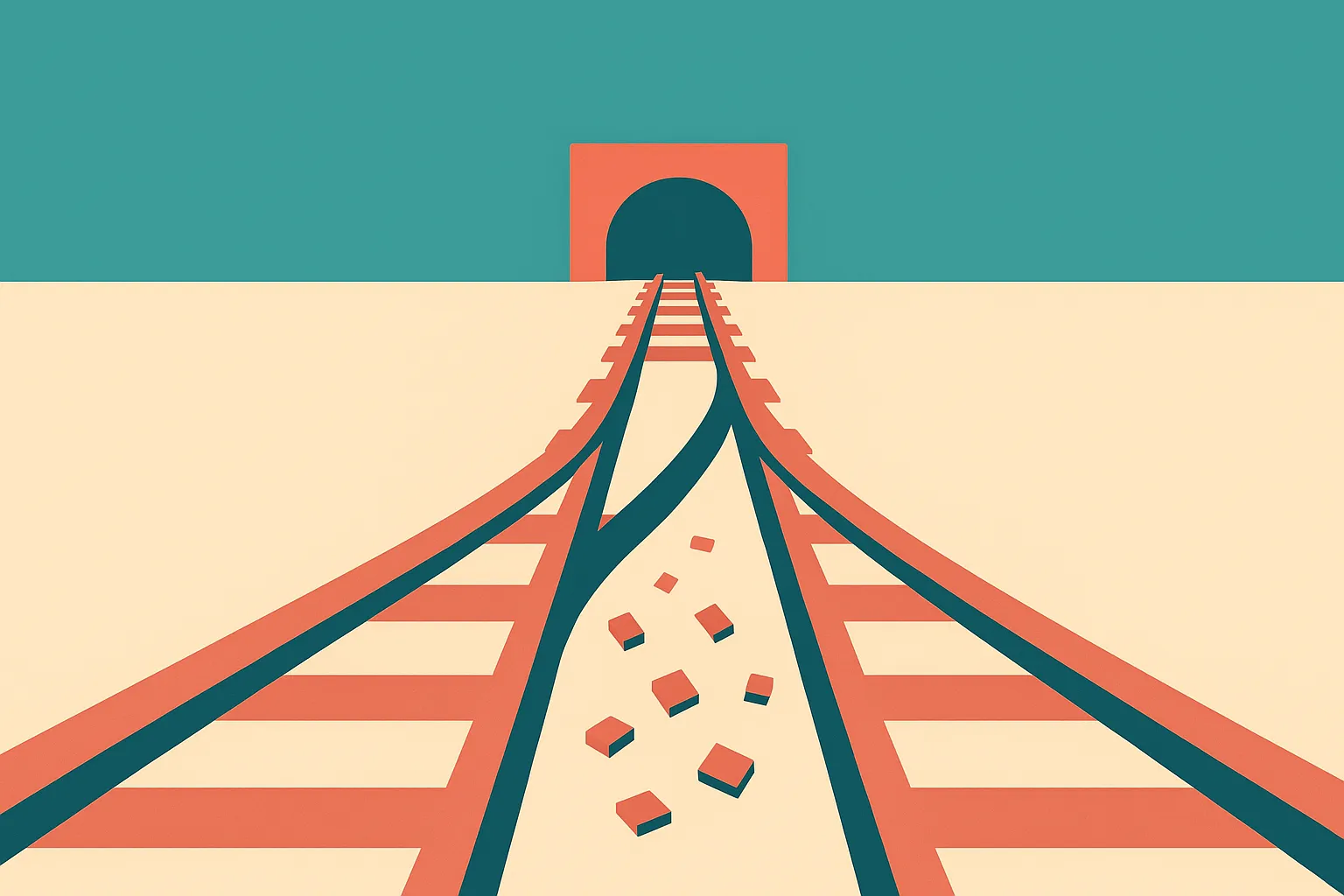 an old branching rail line narrowing into a single bridge while small loose pieces fall away before the crossing