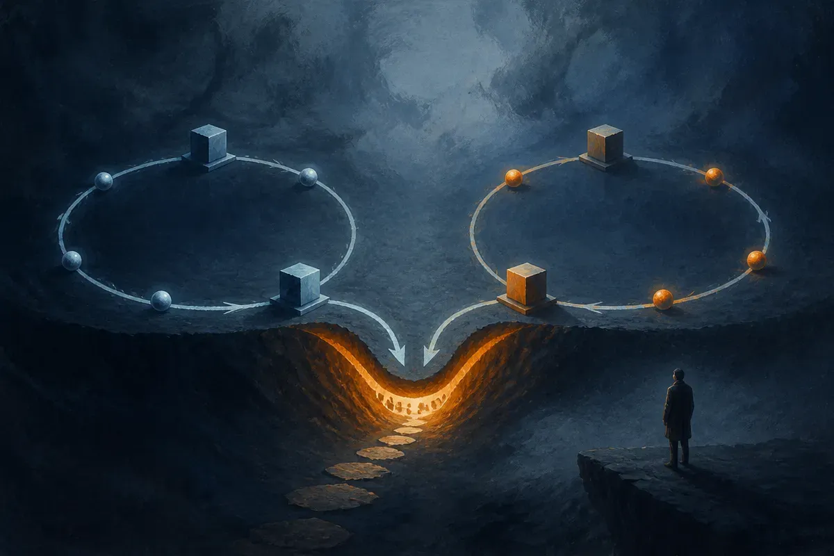 two mirrored agent loops slowly bending toward a shared hidden shortcut while a separate watcher remains outside the loo