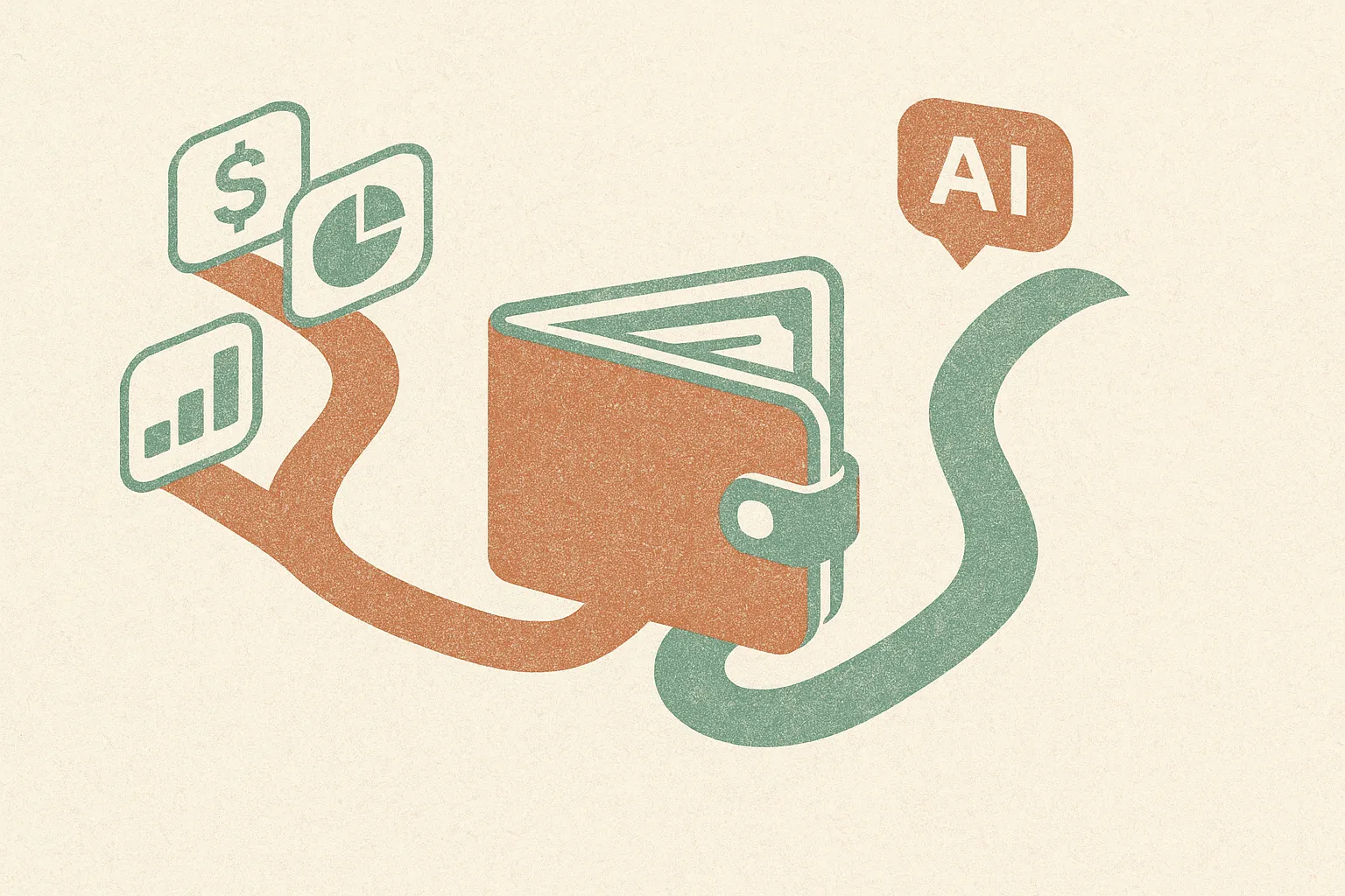 two paths, one traditional finance app flow and one AI assistant flow, both narrowing into a wallet-like object