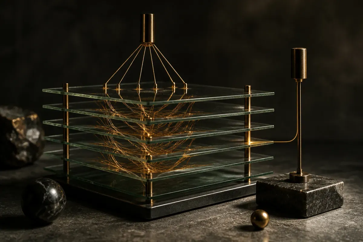 a stream of internal signals flowing through stacked layers, with a small detector tapping across all of them at once ve