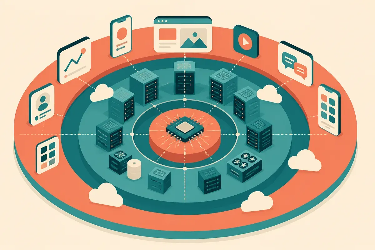 concentric infrastructure layers around a small AI product, with chips at the core, data centers around them, and user-f
