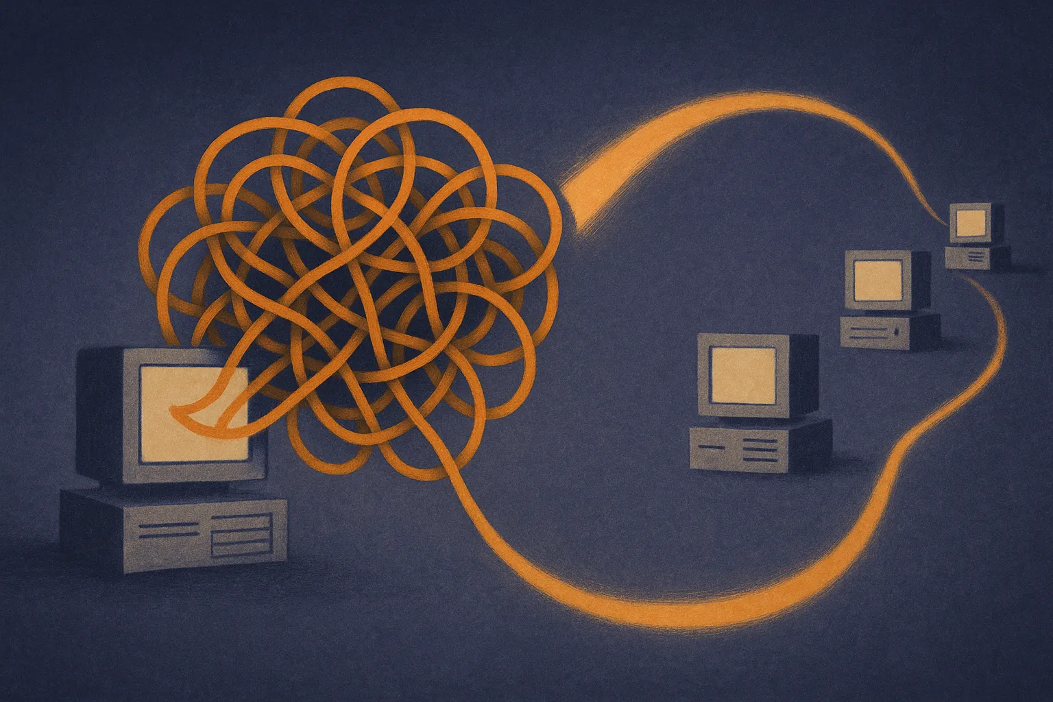 a dense knot of internal model nodes copied from one machine into another, with a faint path curving around the knot tow