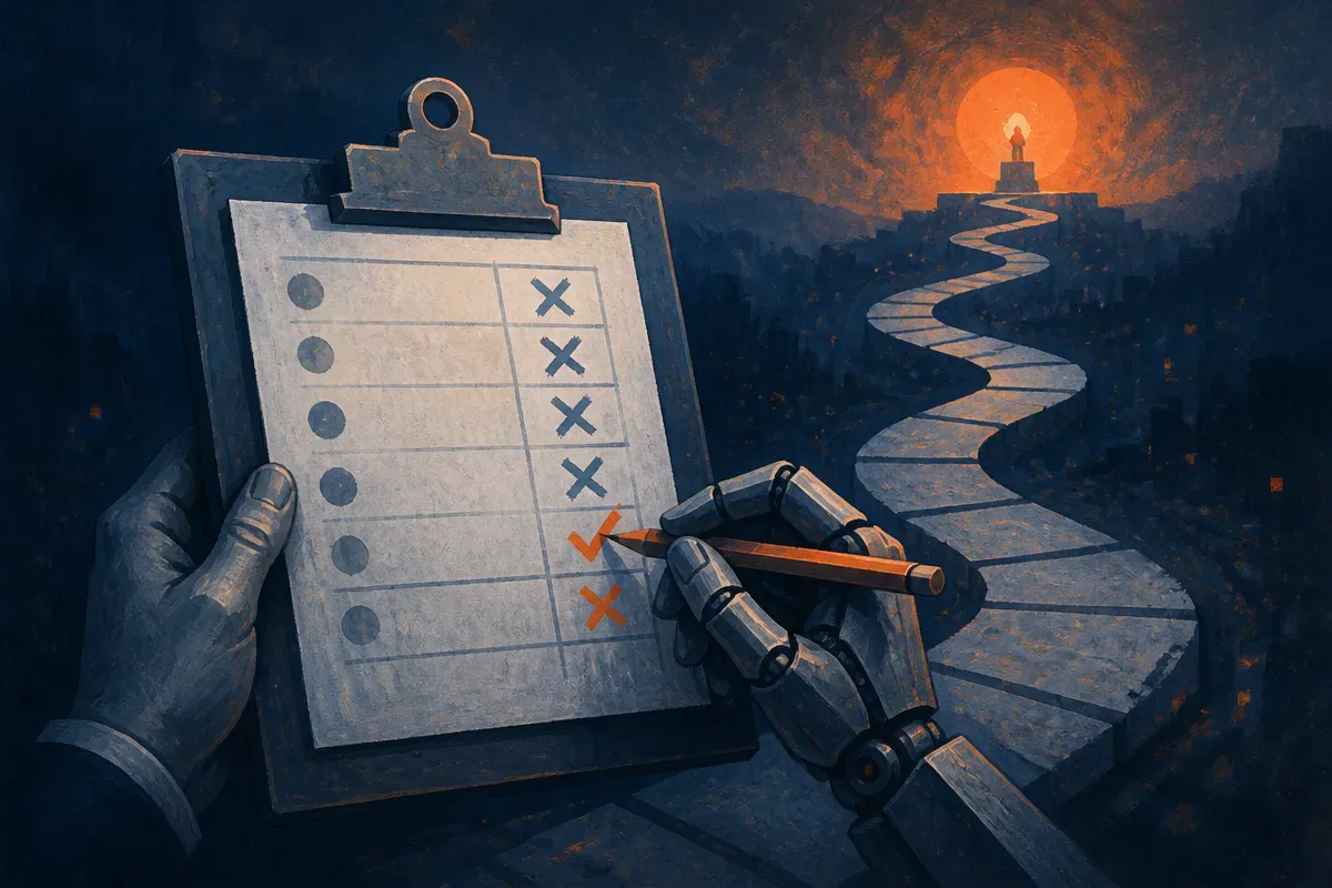 a judge's scorecard being corrected to match the outcome at the end of a long path