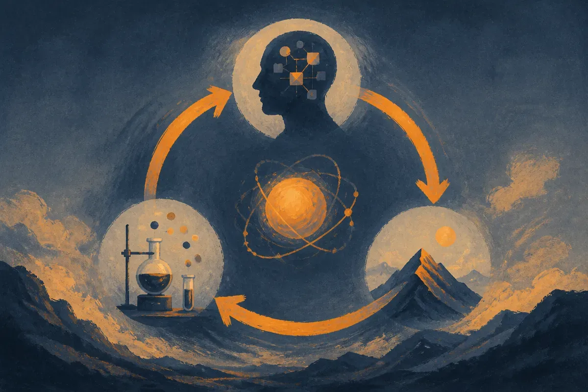 a loop of hypothesis leading to experiment leading to revised belief, feeding back on itself
