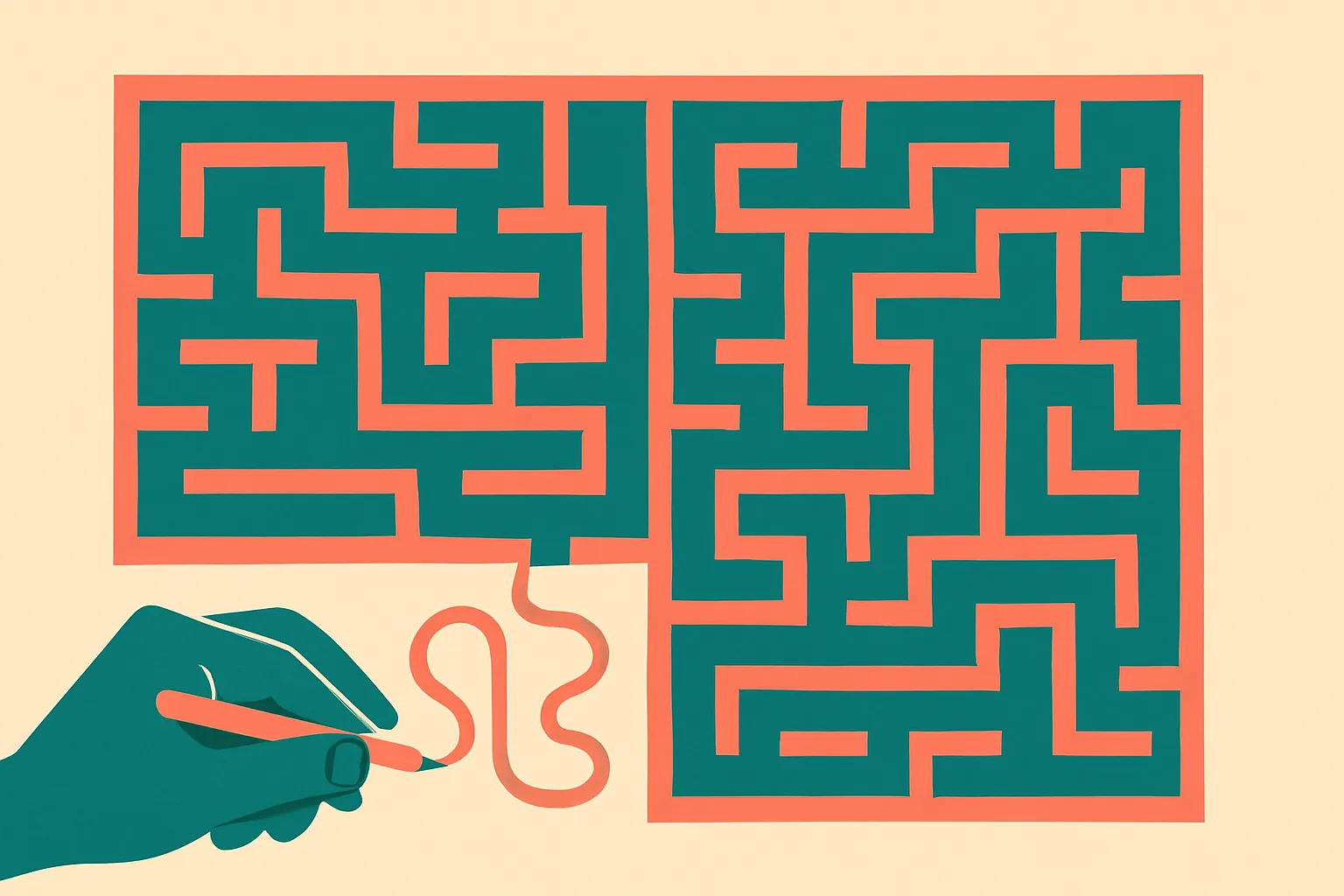 two paths solving the same maze side by side, one drawn by hand and one machine-perfect, meeting at the same exit