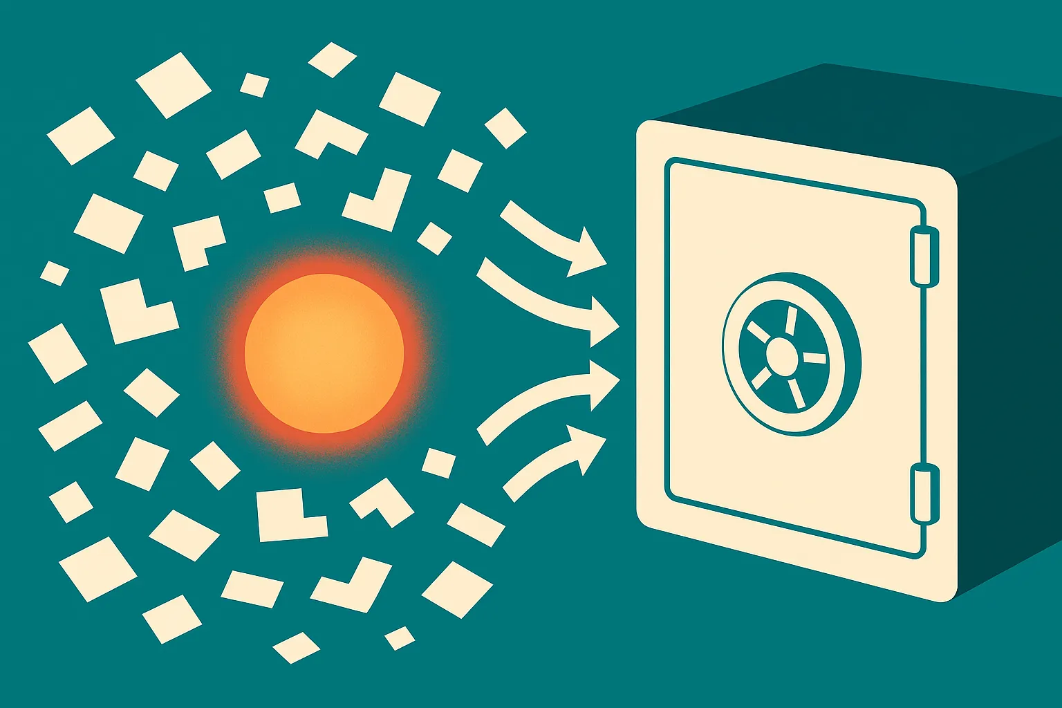 a warm glowing model core surrounded by scattered memory fragments, with a cooling process pulling those fragments back