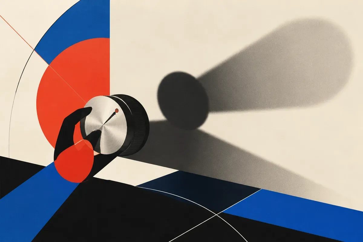 a single dial being turned, casting two distinct shadows on a wall, one shadow dense and one shadow spread out