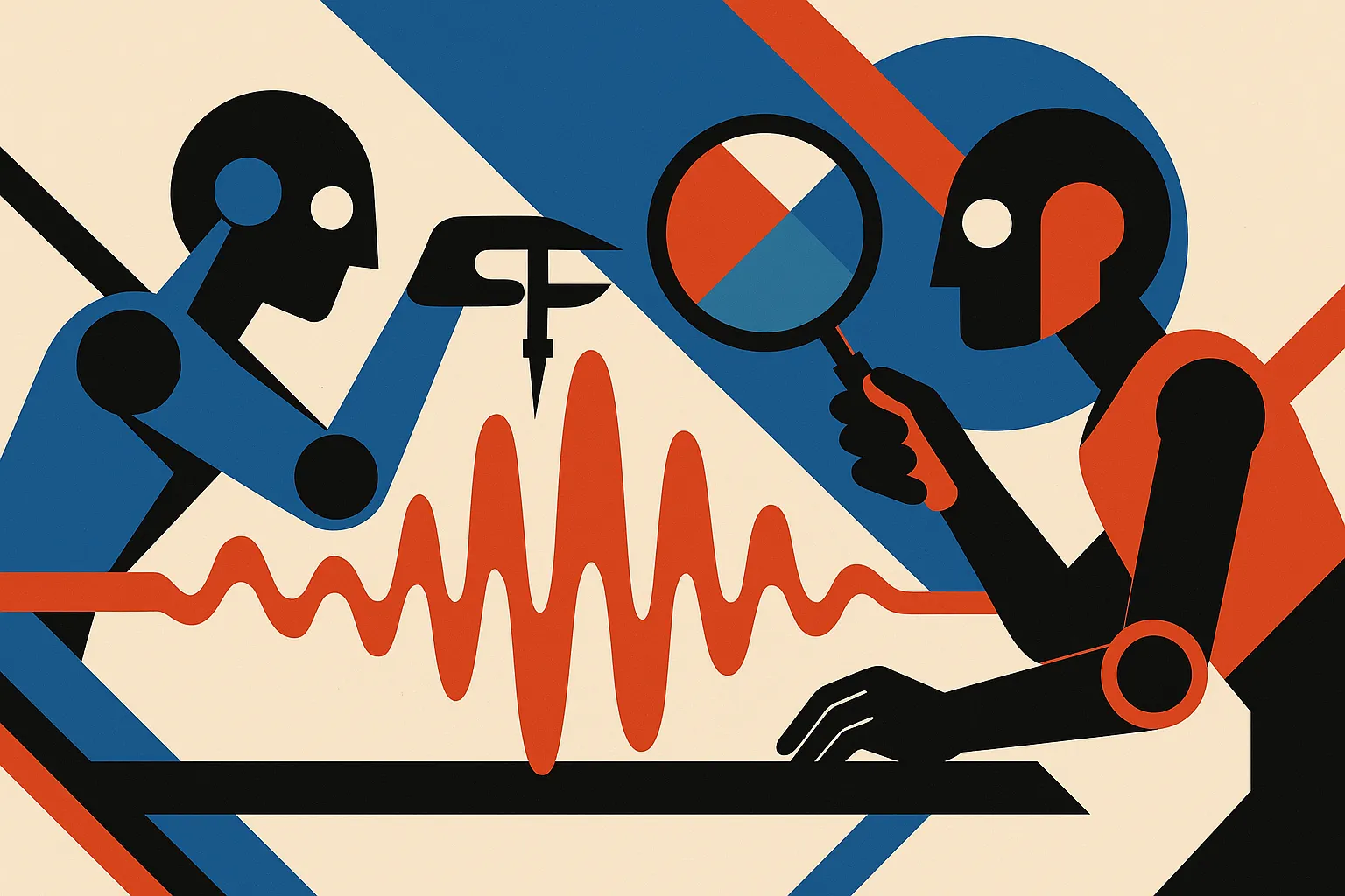 two mechanical inspectors examining a soundwave, one only looking at surface smoothness, the other looking through a shi