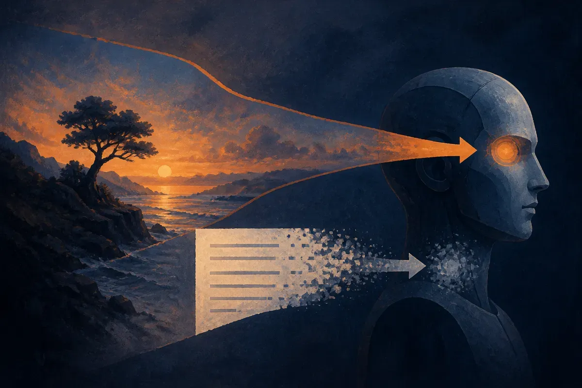 two paths from a scene to an agent, one routed through a block of text and degraded, one staying as an image and intact