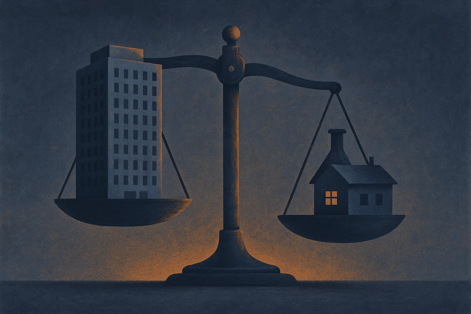 a set of scales balanced between a large corporate structure on one side and a small independent lab on the other