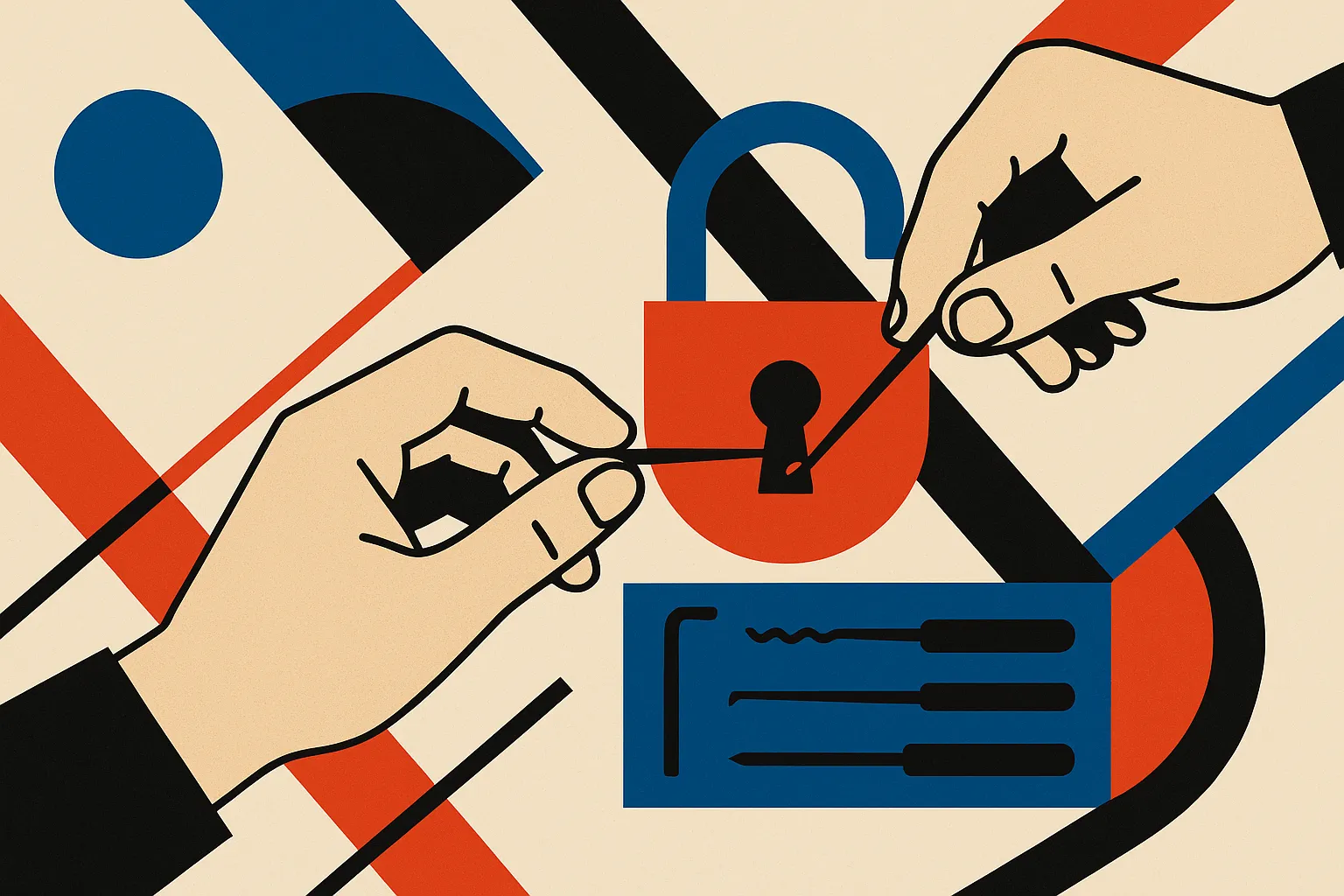 two hands, one repairing a lock and one picking it, sharing the same set of tools between them