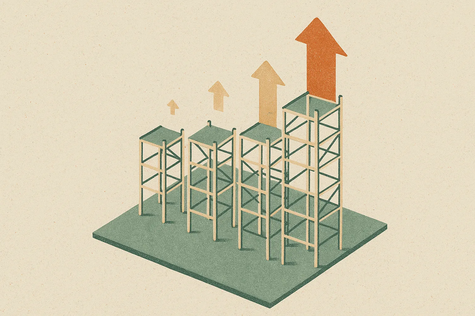 several starting scaffolds of different heights, each nudged upward by a different amount, some barely moving and one ri