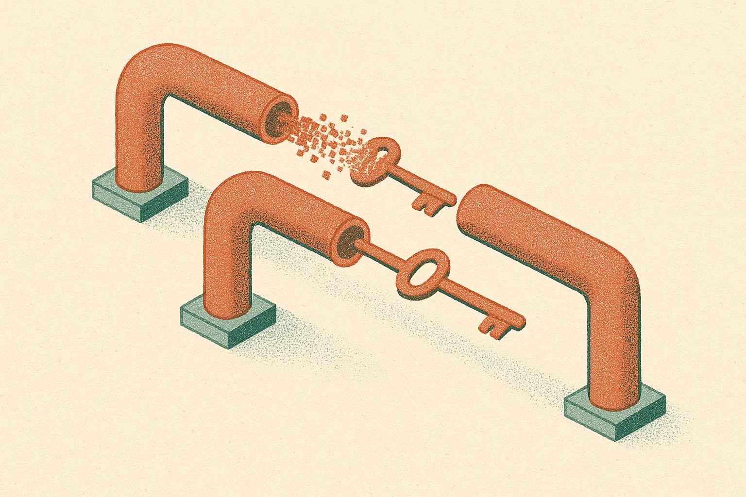 two pipelines side by side, one where a key element dissolves partway through, one where it travels intact all the way t