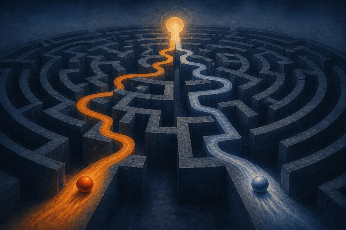 two parallel paths through the same maze converging to one identical exit